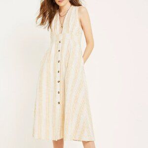 URBAN OUTFITTERS Millie Stripe Plunging Linen Button-Through Midi Dress